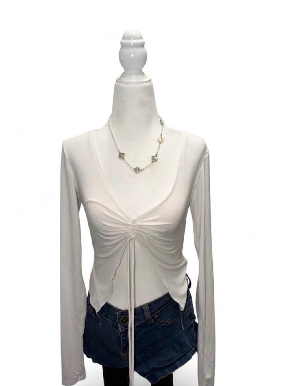 Edikted White Ruched Tie-Front Long Sleeve Blouse